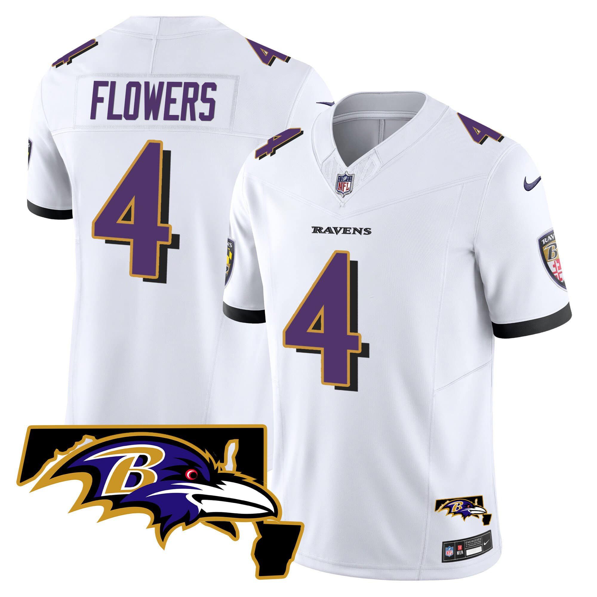 Men Baltimore Ravens #4 Flowers White 2024 Nike Maryland Patch Vapor Limited NFL Jersey